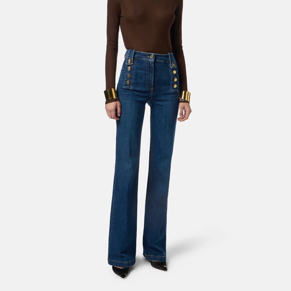 Navy Button-Detail Flare Jeans